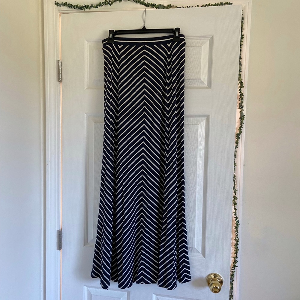 Navy blue and white striped maxi skirt.